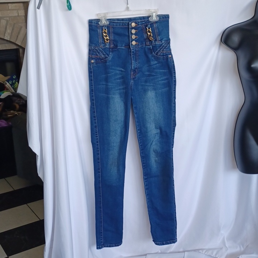 Mitzi Michel Jr Sz 11 Tall Skinny Straight Jean's with Goldtone Chain, Stretch